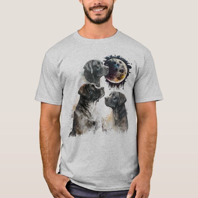 Camiseta Black Watercolor Dudley Lab Mirando A La Luna (Anverso)