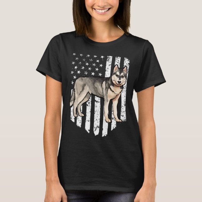 Camiseta Black White American Flag Siberian Husky 4th Of Ju (Anverso)
