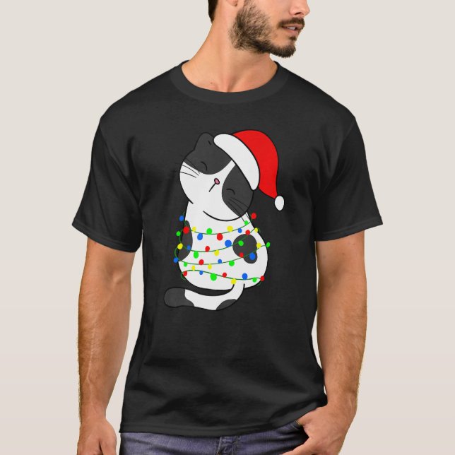 Camiseta Black White Cat Christmas Tree Lights Santa Hat Ca (Anverso)