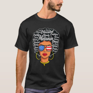 Camiseta Black Woman Afro Word Art Bandera Americana Gafas