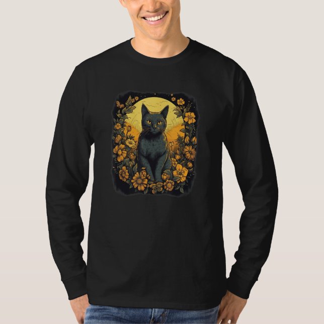 Camiseta black yellow cat portrait with wild flowers and mo (Anverso)