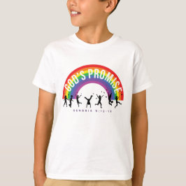 Camiseta blanca arcoiris promesa de Dios con niños