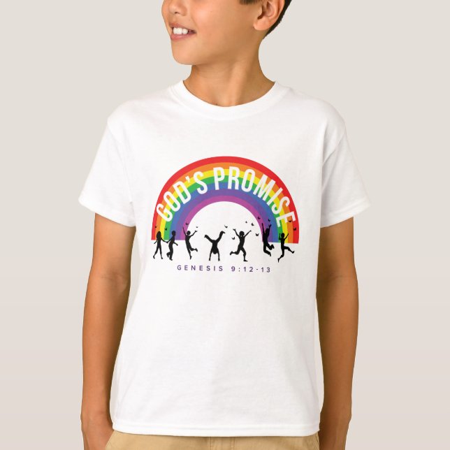 Camiseta blanca arcoiris promesa de Dios con niños (Anverso)