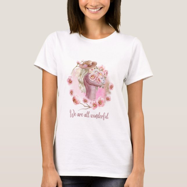 Camiseta blanca con mujer sosteniendo flores rosad (Anverso)