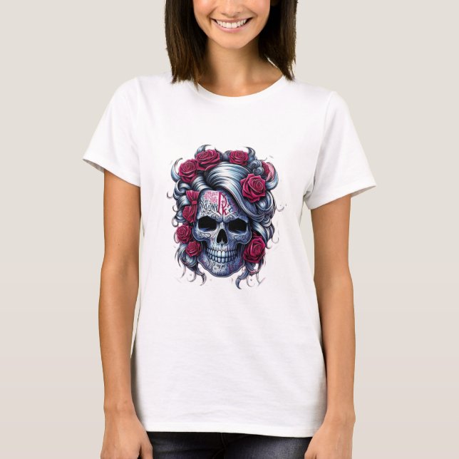 Camiseta blanca de calavera con flores rojas (Anverso)