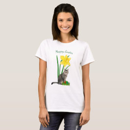 Camiseta blanca de gato de Pascua lindo y narcisos