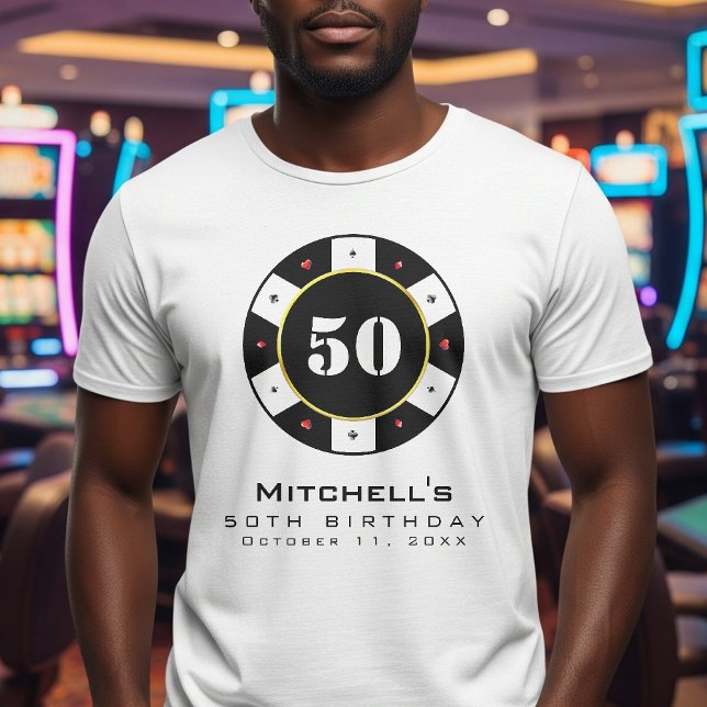 Camiseta blanca de la fiesta de cumpleaños 50 (Poker Chip 50th Birthday Party White T-Shirt
)