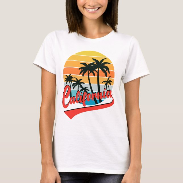 Camiseta blanca de mujer con puesta de sol retro d (Anverso)