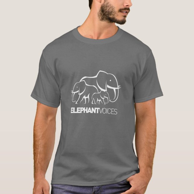 Camiseta blanca del logotipo de ElephantVoices (Anverso)