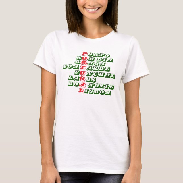 Camiseta blanca femenina de Portugal. Buenos días (Anverso)