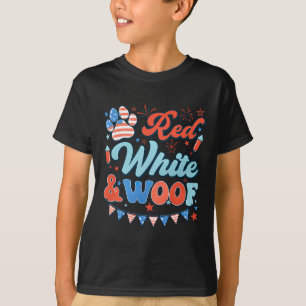 Camiseta Blanco Rojo Retro Y Woof Us Flag Paw Feliz 4º