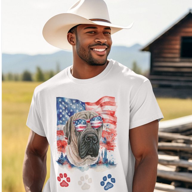 Camiseta Blanco Rojo y Azul Inglés Mastiff Perro 4 de Julio (Subido por el creador)