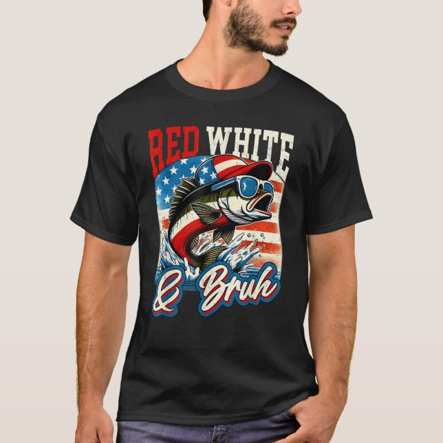 Camiseta Blanco Rojo y Bruh 4 de julio Pescando bandera est (Anverso)
