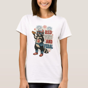 Camiseta Blanco Rojo y Feral - Gracioso mapache patriótico