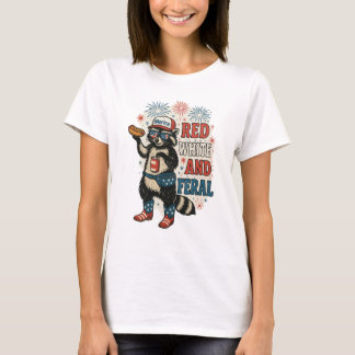 Camiseta Blanco Rojo y Feral - Gracioso mapache patriótico