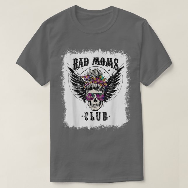 Camiseta Bleached Bad Mom Clubs Skull Messy Bun Leopard Mot (Diseño del anverso)
