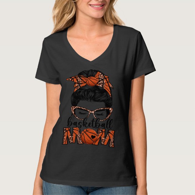 Camiseta Bleached Basketball Mom Game Day Messy Bun Leopard (Anverso)