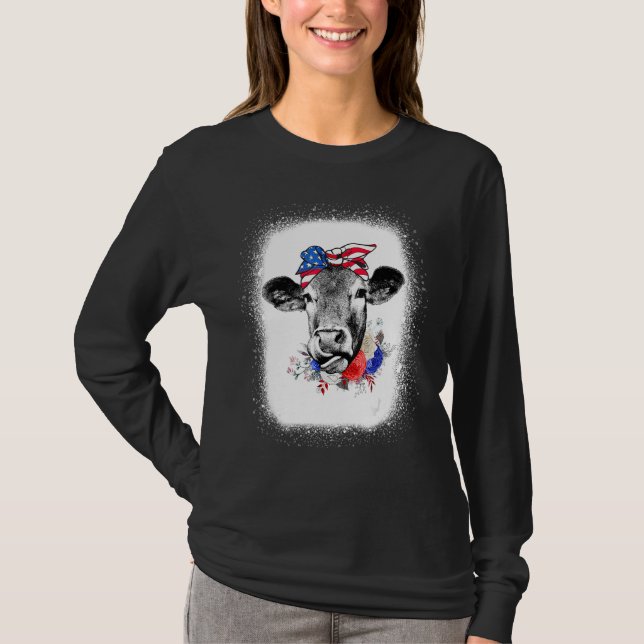 Camiseta Bleached Highland Cow American Flag Patriotic 4th  (Anverso)