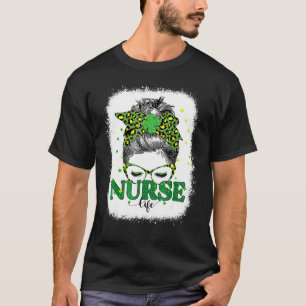 Camiseta Bleached Nurse Life Messy Bun Leopard St Patricks
