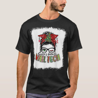 Camiseta Bleached Santa's Favorite Nail Tech Messy Bun Xmas