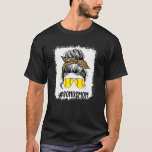 Camiseta Bleached Softball Bonus Mom Life Leopard Messy Bun