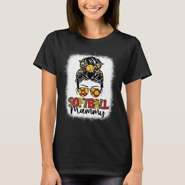 Camiseta Bleached Softball Mammy Leopard Messy Bun Mothers  (Anverso)