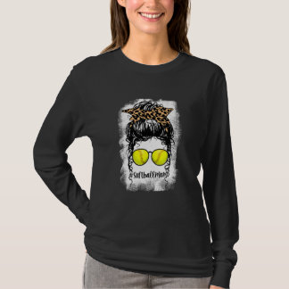 Camiseta Bleached Softball Mom Life Leopard Messy Bun Para