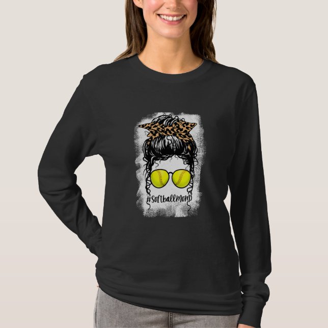 Camiseta Bleached Softball Mom Life Leopard Messy Bun Para  (Anverso)