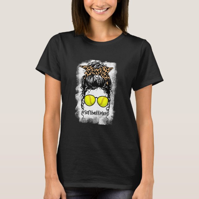 Camiseta Bleached Softball Mom Life Leopard Messy Bun Para  (Anverso)
