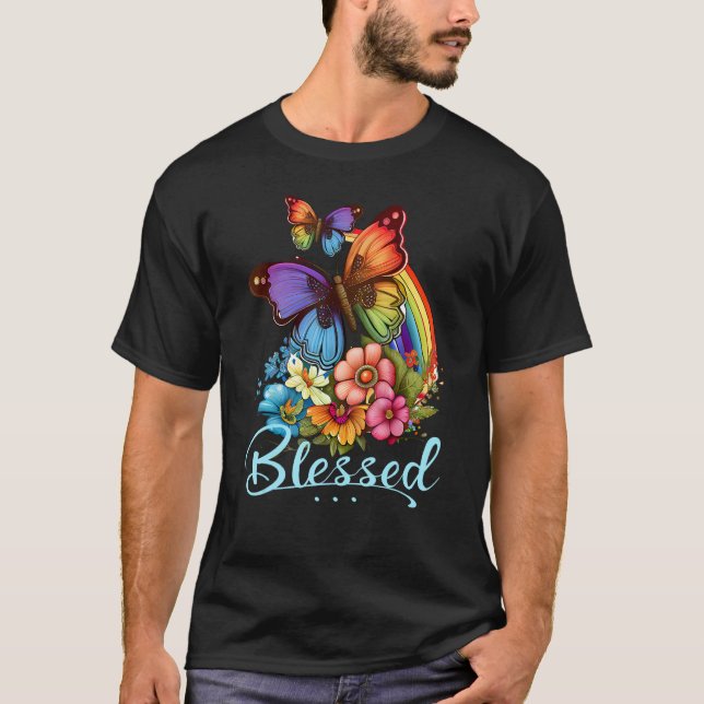 Camiseta Blessed Christian Butterfly Pretty Floral Rainbow  (Anverso)
