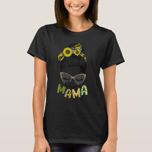 Camiseta Blessed Mama Sunflower Leopard Glasses Messy Bun H