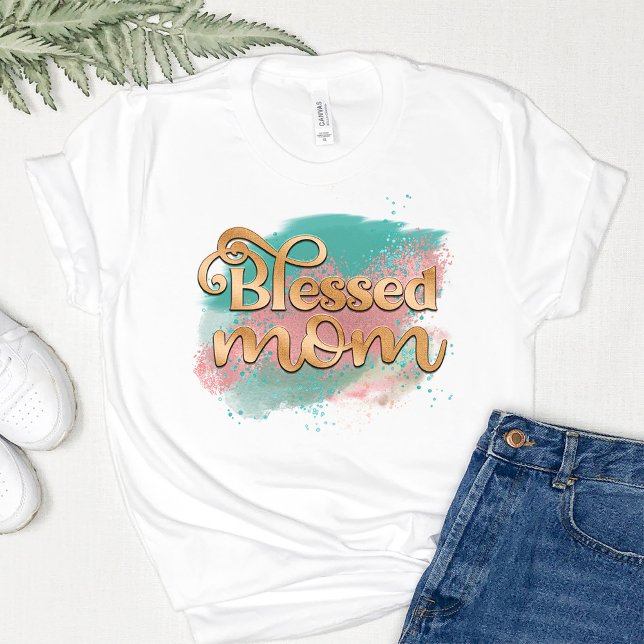 Camiseta Blessed Mom Verde azulada Pink and Gold Purpurina  (Subido por el creador)