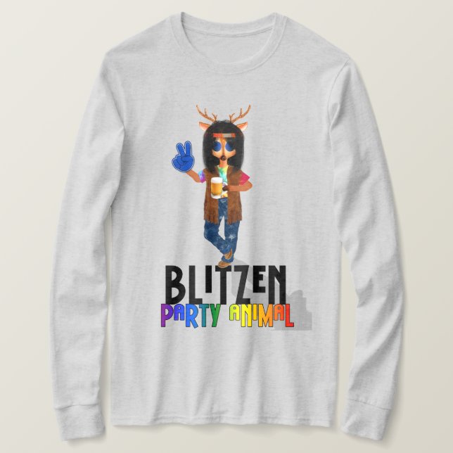 Camiseta Blitzen de renos de la Fiesta Animal Santa (Anverso del diseño)
