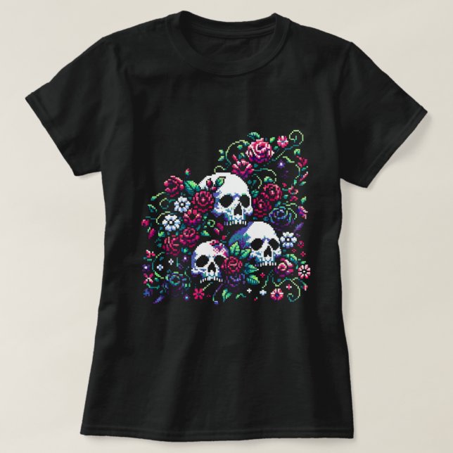 Camiseta Bloom gótico - Mítico Skull Pixel Art (Diseño del anverso)