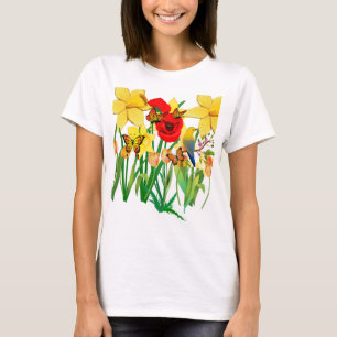 Camiseta Bloom primaveral con mariposas y pájaro sonoro