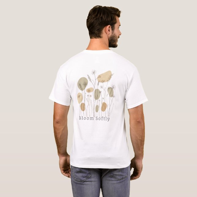 Camiseta Bloom Softly — Minimalist Wildflower Line Art  (Reverso completo)