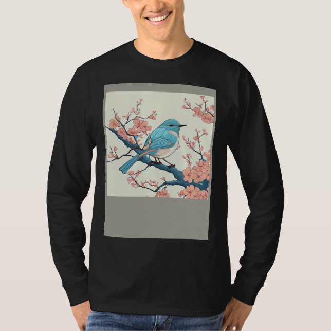 Camiseta Blossoming Bluebird on Sakura Branch  Floral Fligh (Anverso)