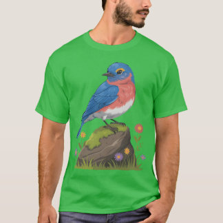 Camiseta Blue Bird On Rock With Flowers friends