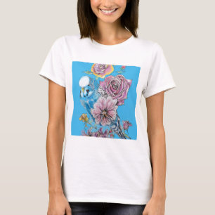 Camiseta Blue Budgie Budgerigar Rosa acuarela Floral arte