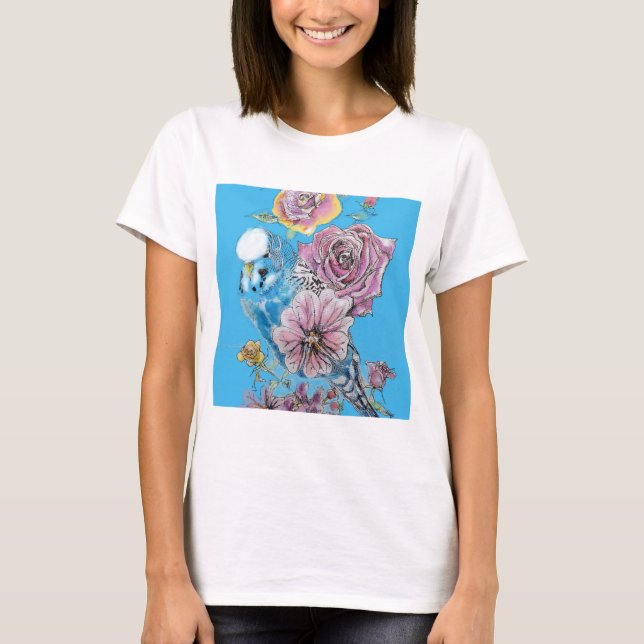 Camiseta Blue Budgie Budgerigar Rosa acuarela Floral arte (Anverso)