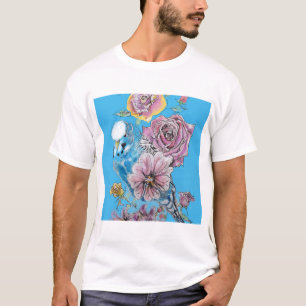 Camiseta Blue Budgie Budgerigar Rosa acuarela Floral arte