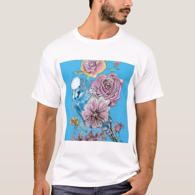 Camiseta Blue Budgie Budgerigar Rosa acuarela Floral arte (Anverso)
