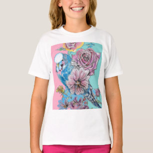 Camiseta Blue Budgie Budgies Rosa Flor Flor Llave Anillo