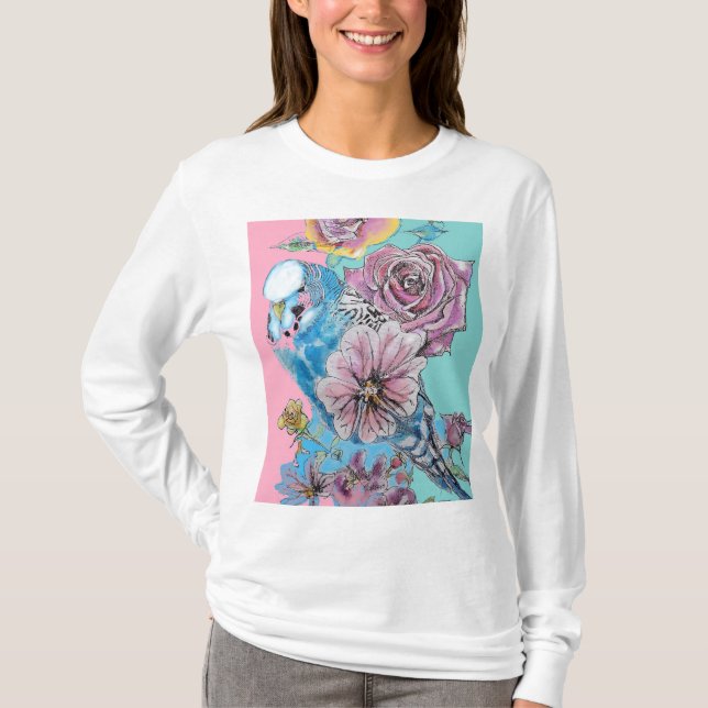 Camiseta Blue Budgie Budgies Rosa Flor Flor Llave Anillo (Anverso)