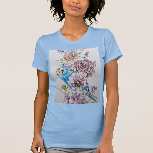 Camiseta Blue Budgie Con Rosas Watercolor Womans T Shirt (Anverso)