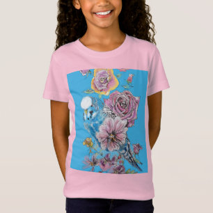 Camiseta Blue Budgie Cute Whimsical Chicas Azules Rosados C