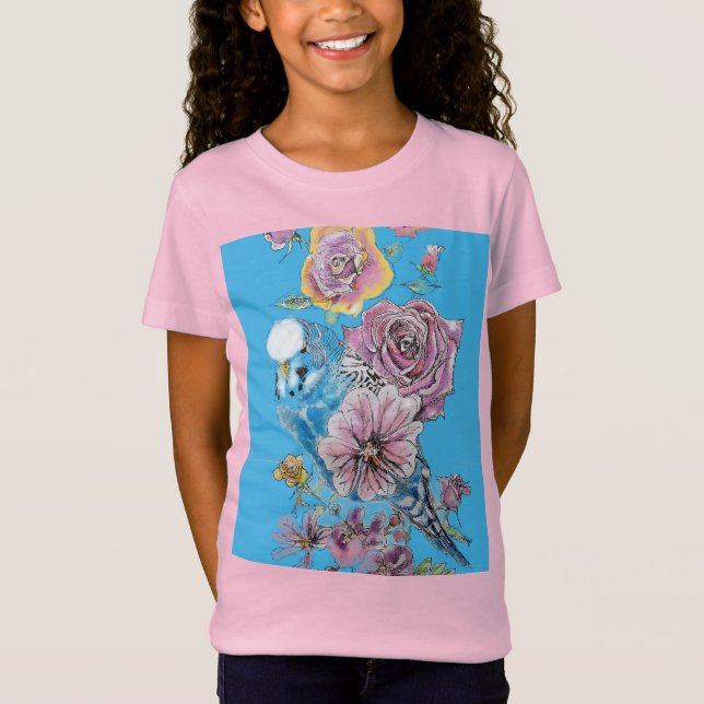 Camiseta Blue Budgie Cute Whimsical Chicas Azules Rosados C (Anverso)
