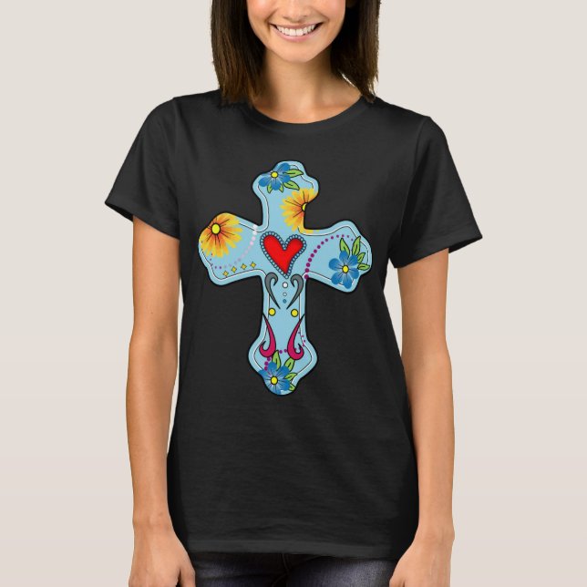 Camiseta Blue Cross Mexicana Folk Art Flowers Day of t (Anverso)