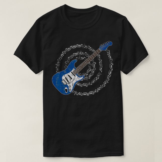 Camiseta Blue Electric Guitar Spiraling Musical Notes  (Diseño del anverso)