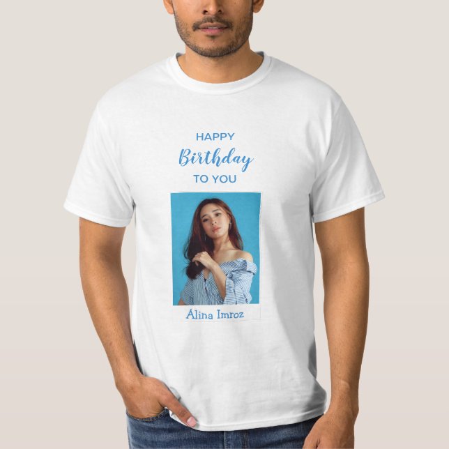Camiseta Blue Elegant Happy Birthday Photo T-Shirt (Anverso)